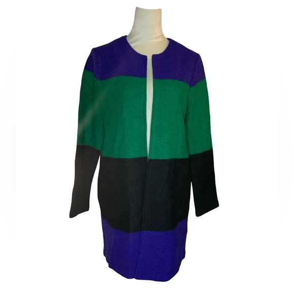 Max Studio Wool Blend Colorblock Coat in Purple, Green, and Black - Picture 1 of 4
